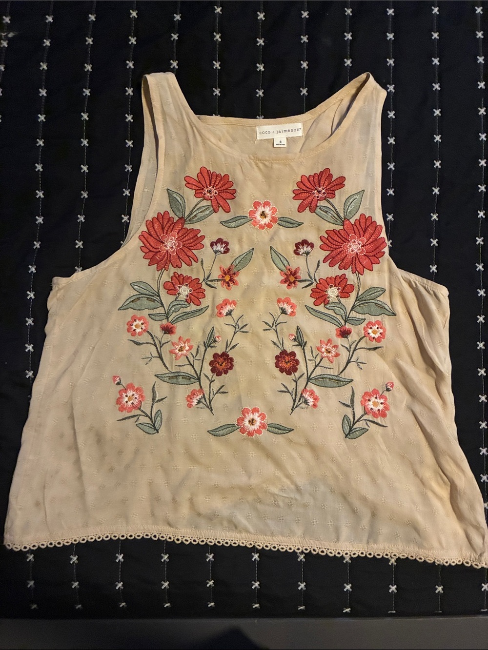 Embroidered Floral Beige Tank Top